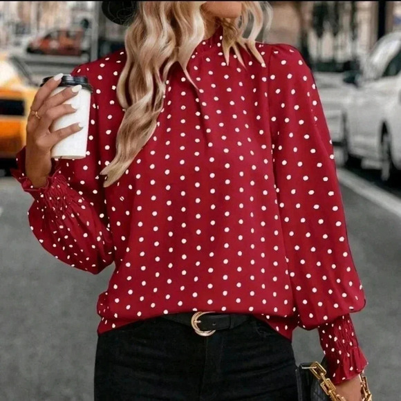 Polka DotPrint Lantern Blouse Frill Trim Blouse - Picture 4 of 5